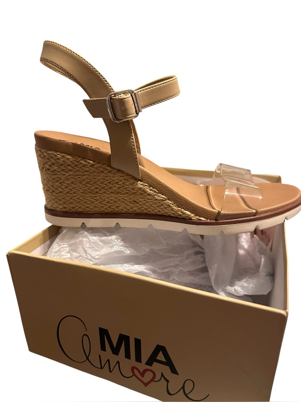 Mi Amore Tan Espadrille Wedge Sandals with Clear Toe Strap